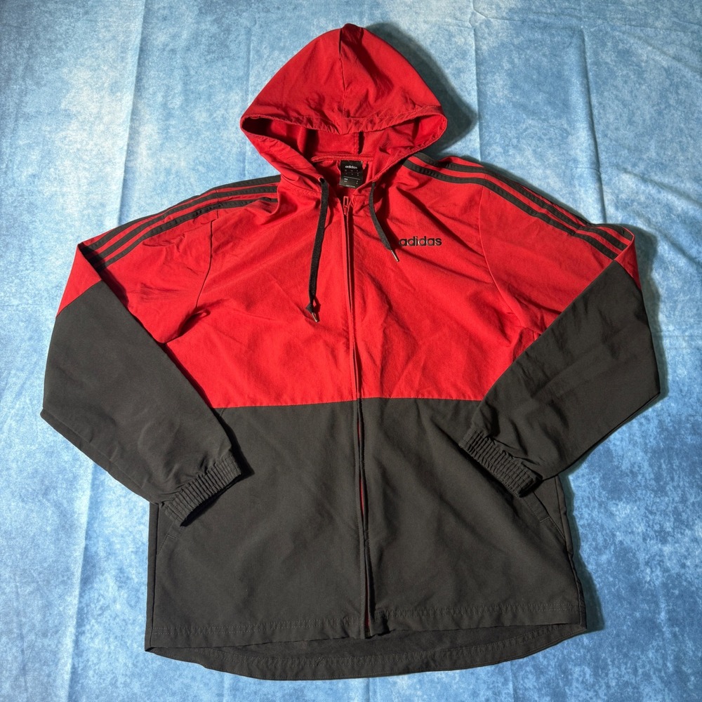 Y2K Adidas Mens Red Black Colorblock Full Zip Hooded Windbreaker Jacket Size M